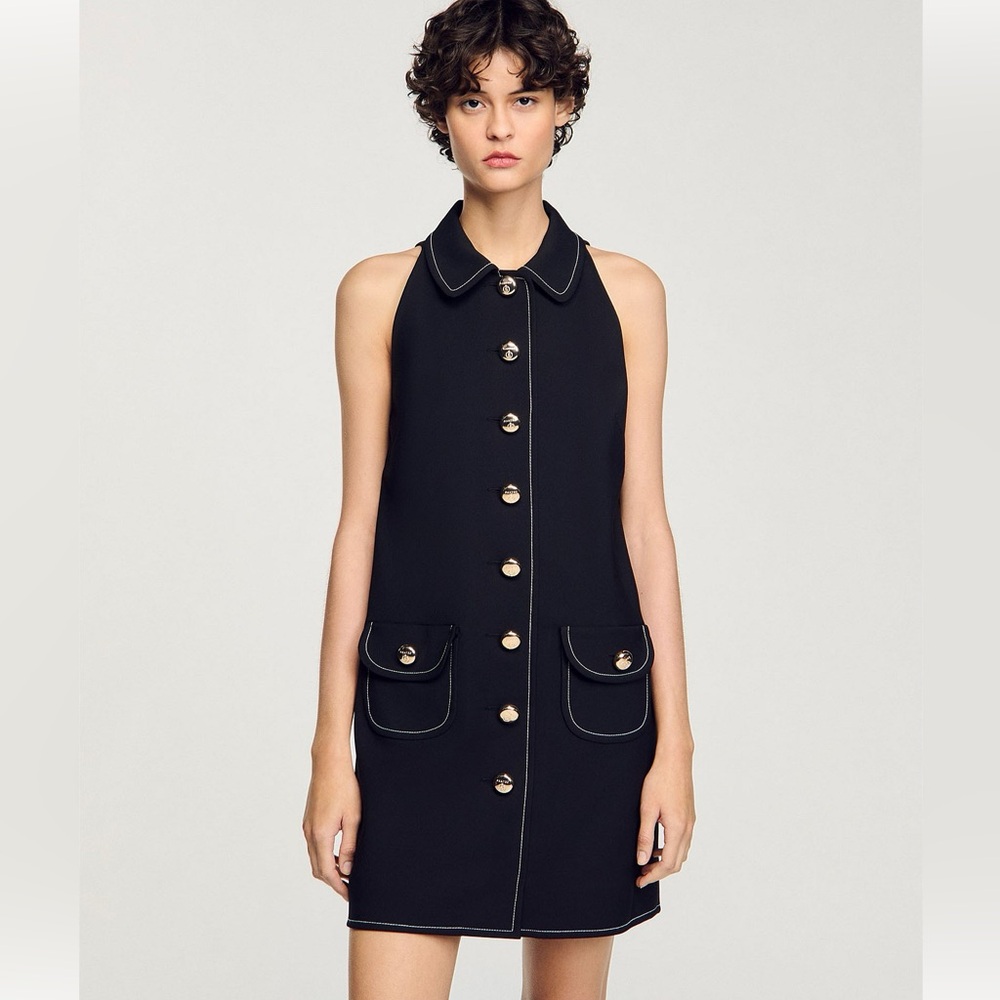 Sandro Melodie Noir Black Dress with Gold Accents Sz EU40 (US 8/10)  NWT $445 - Picture 2 of 8